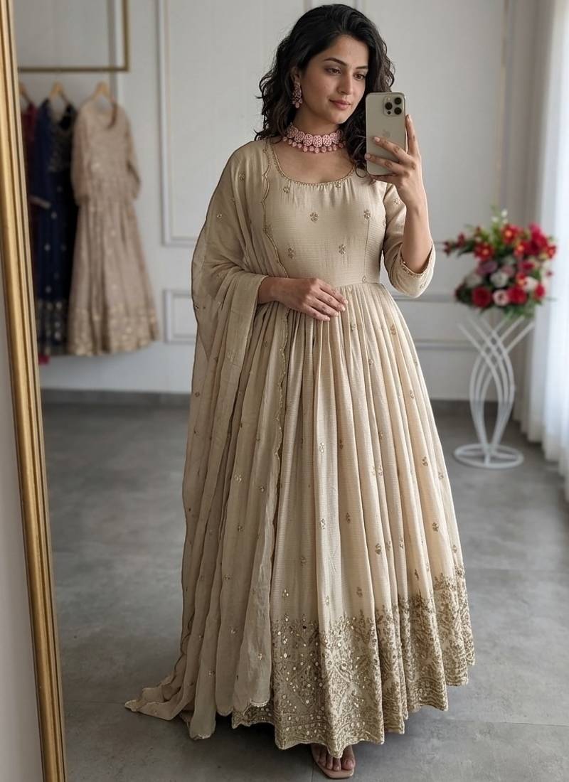 Cream chinon silk party wear embroidery anarkali suit set