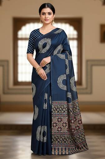 Navy blue ajrakh bandhej handblock print  mulmul cotton saree with blouse.
