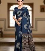 Navy blue ajrakh bandhej handblock print  mulmul cotton saree with blouse.