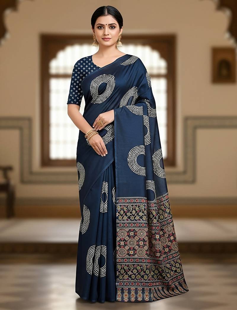 Navy blue ajrakh bandhej handblock print  mulmul cotton saree with blouse.