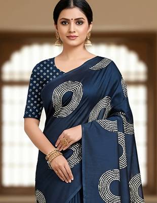 Navy blue ajrakh bandhej handblock print  mulmul cotton saree with blouse. 2