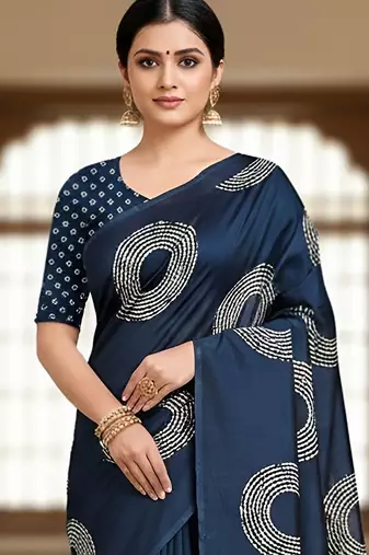 Navy blue ajrakh bandhej handblock print  mulmul cotton saree with blouse.
