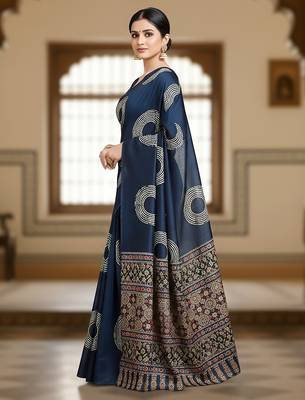 Navy blue ajrakh bandhej handblock print  mulmul cotton saree with blouse. 3