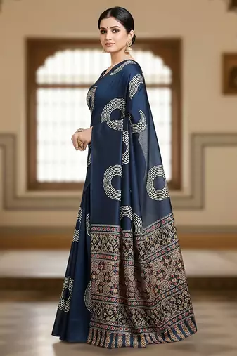 Navy blue ajrakh bandhej handblock print  mulmul cotton saree with blouse.