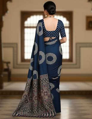 Navy blue ajrakh bandhej handblock print  mulmul cotton saree with blouse. 4