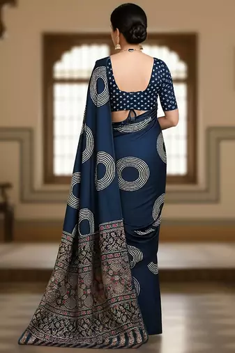 Navy blue ajrakh bandhej handblock print  mulmul cotton saree with blouse.