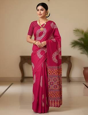 Pink ajrakh bandhej handblock print  mulmul cotton saree with blouse. 1
