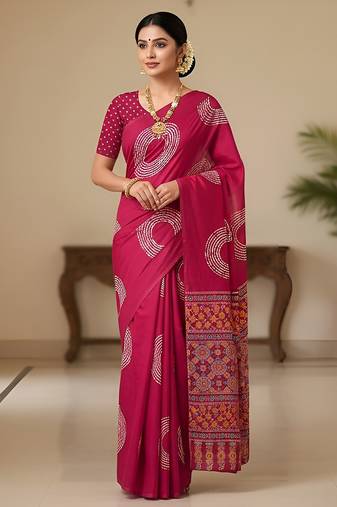 Pink ajrakh bandhej handblock print  mulmul cotton saree with blouse.