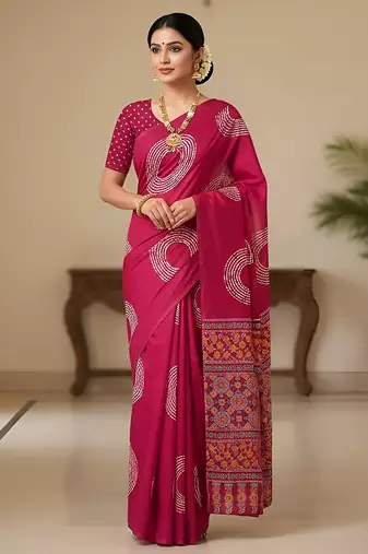 Pink ajrakh bandhej handblock print  mulmul cotton saree with blouse.