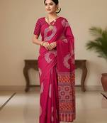 Pink ajrakh bandhej handblock print  mulmul cotton saree with blouse.