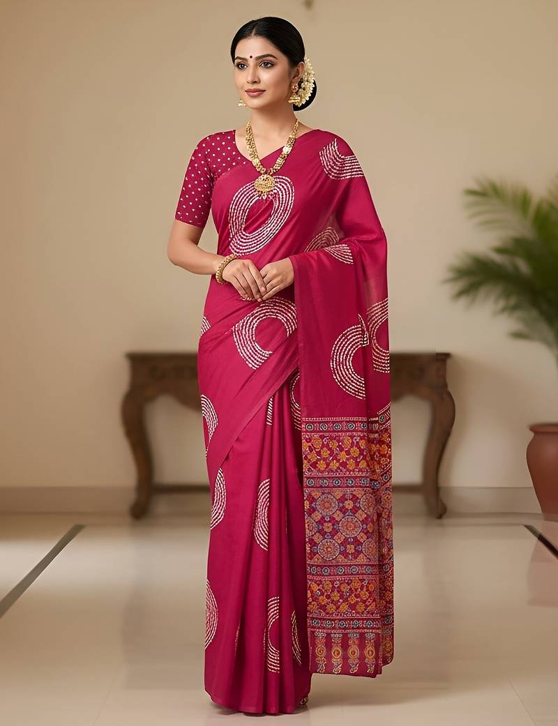 Pink ajrakh bandhej handblock print  mulmul cotton saree with blouse.