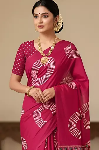 Pink ajrakh bandhej handblock print  mulmul cotton saree with blouse.