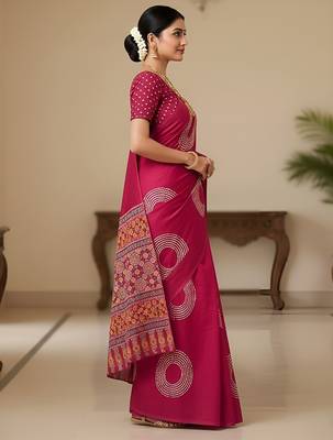 Pink ajrakh bandhej handblock print  mulmul cotton saree with blouse. 3
