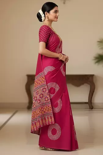 Pink ajrakh bandhej handblock print  mulmul cotton saree with blouse.