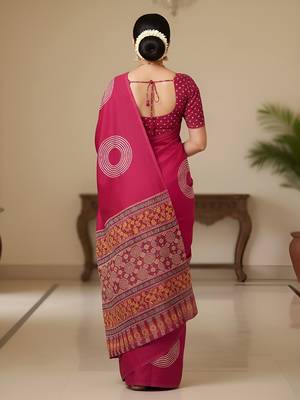 Pink ajrakh bandhej handblock print  mulmul cotton saree with blouse. 4