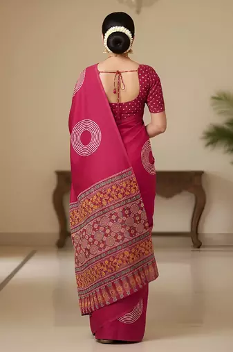 Pink ajrakh bandhej handblock print  mulmul cotton saree with blouse.