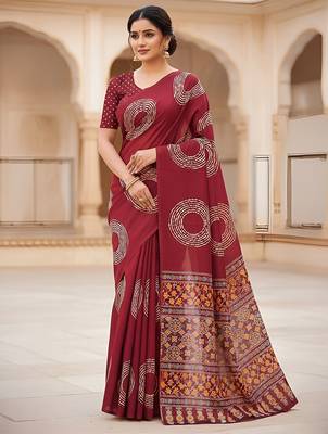 Red ajrakh bandhej handblock print  mulmul cotton saree with blouse. 1