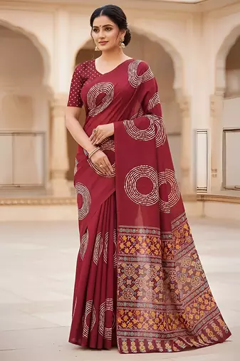 Red ajrakh bandhej handblock print  mulmul cotton saree with blouse.