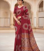 Red ajrakh bandhej handblock print  mulmul cotton saree with blouse.