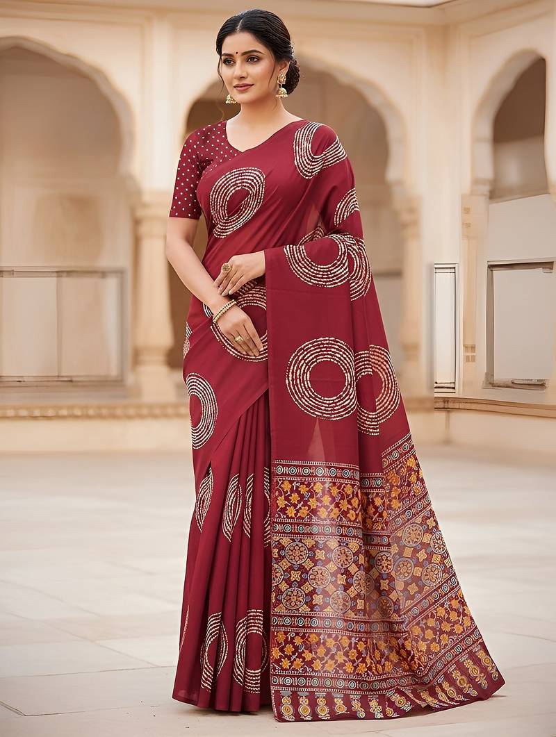 Red ajrakh bandhej handblock print  mulmul cotton saree with blouse.