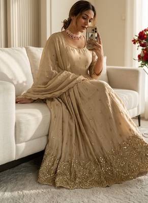 Cream chinon silk party wear embroidery anarkali suit set 3
