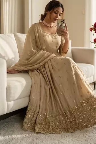 Cream chinon silk party wear embroidery anarkali suit set