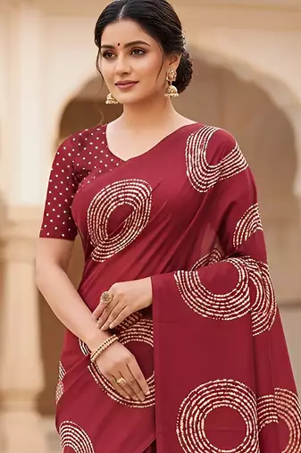 Red ajrakh bandhej handblock print  mulmul cotton saree with blouse.