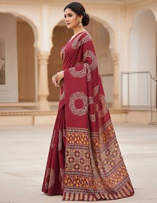 Red ajrakh bandhej handblock print  mulmul cotton saree with blouse. 3