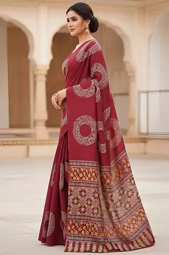 Red ajrakh bandhej handblock print  mulmul cotton saree with blouse.