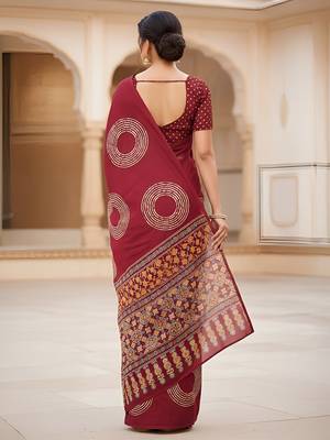 Red ajrakh bandhej handblock print  mulmul cotton saree with blouse. 4