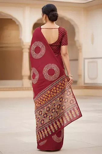 Red ajrakh bandhej handblock print  mulmul cotton saree with blouse.