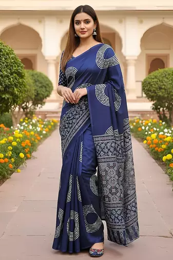 Royal blue ajrakh bandhej handblock print  mulmul cotton saree with blouse.