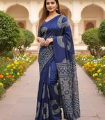 Royal blue ajrakh bandhej handblock print  mulmul cotton saree with blouse.
