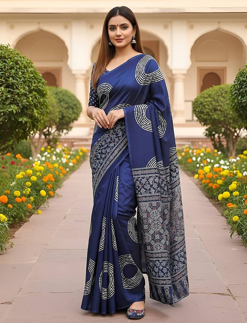 Royal blue ajrakh bandhej handblock print  mulmul cotton saree with blouse.
