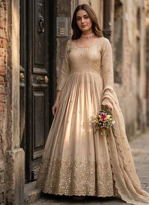 Cream chinon silk party wear embroidery anarkali suit set 4