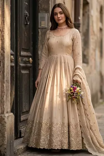 Cream chinon silk party wear embroidery anarkali suit set