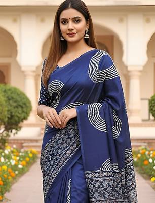 Royal blue ajrakh bandhej handblock print  mulmul cotton saree with blouse. 2