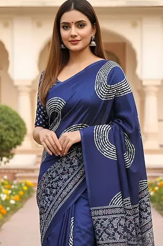 Royal blue ajrakh bandhej handblock print  mulmul cotton saree with blouse.