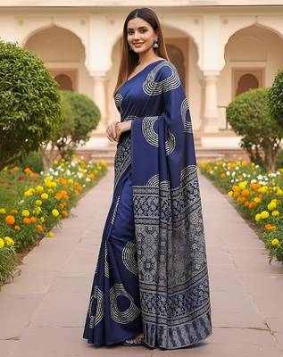 Royal blue ajrakh bandhej handblock print  mulmul cotton saree with blouse. 3