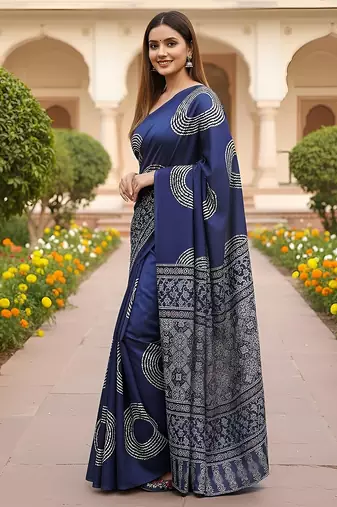 Royal blue ajrakh bandhej handblock print  mulmul cotton saree with blouse.
