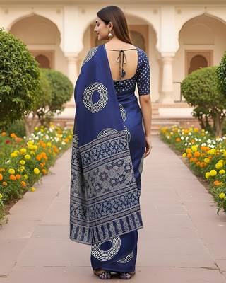 Royal blue ajrakh bandhej handblock print  mulmul cotton saree with blouse. 4