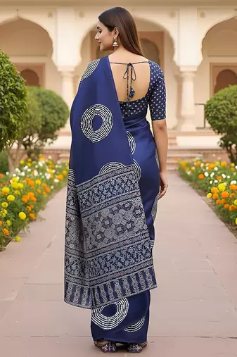 Royal blue ajrakh bandhej handblock print  mulmul cotton saree with blouse.