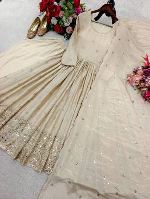Cream chinon silk party wear embroidery anarkali suit set 5