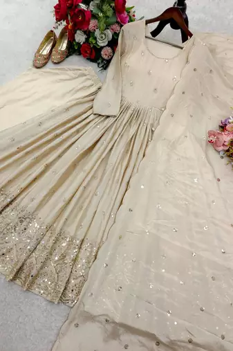 Cream chinon silk party wear embroidery anarkali suit set