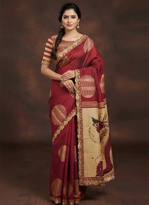 Maroon kalamkari print mulmul cotton saree with blouse. 1