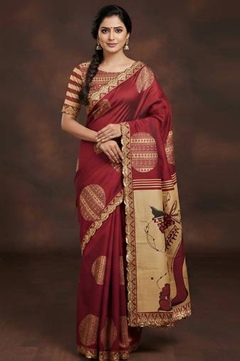 Maroon kalamkari print mulmul cotton saree with blouse.