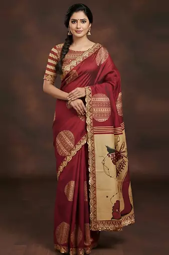 Maroon kalamkari print mulmul cotton saree with blouse.