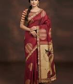 Maroon kalamkari print mulmul cotton saree with blouse.