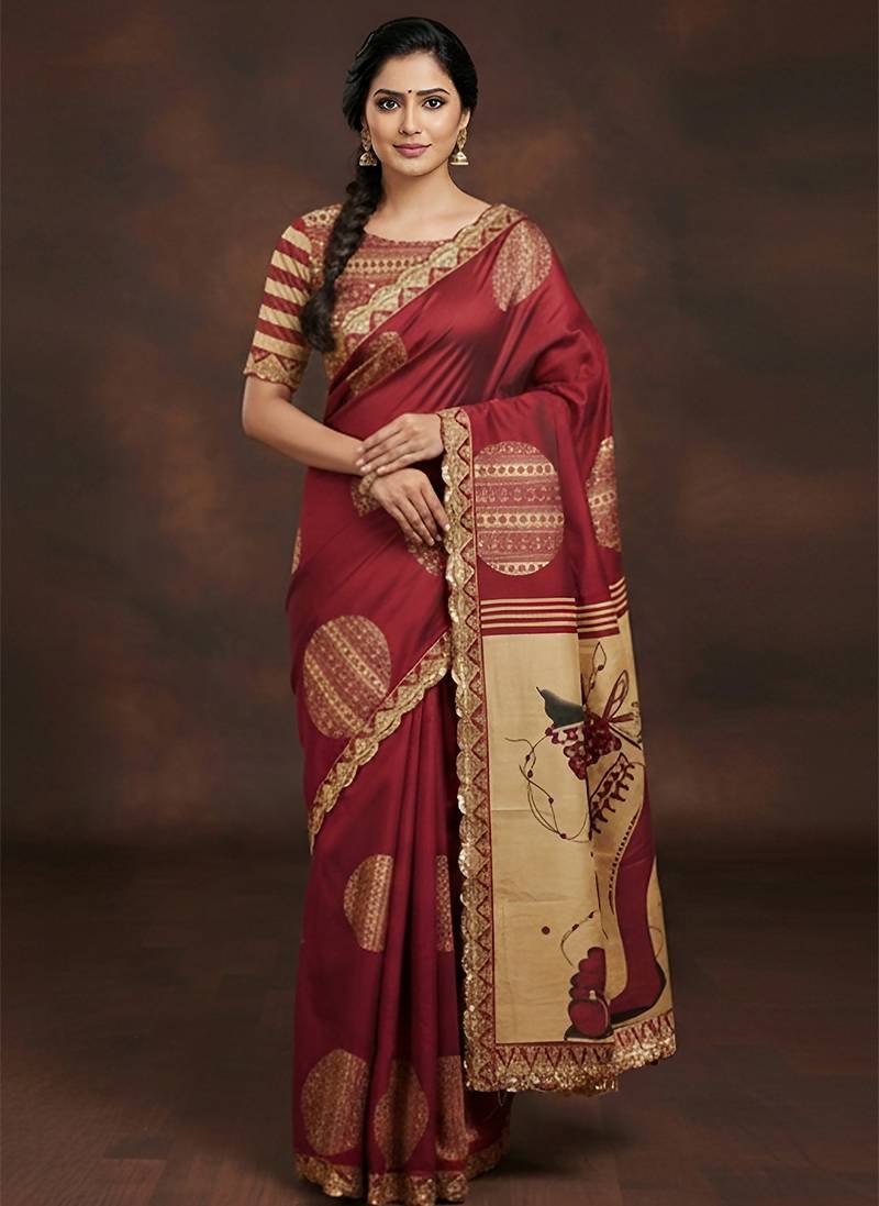 Maroon kalamkari print mulmul cotton saree with blouse.