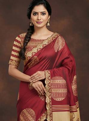 Maroon kalamkari print mulmul cotton saree with blouse. 2